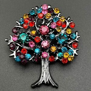 Gunmetal Gray with Multicolored Crystal Blooming Tree Pin Back Brooch